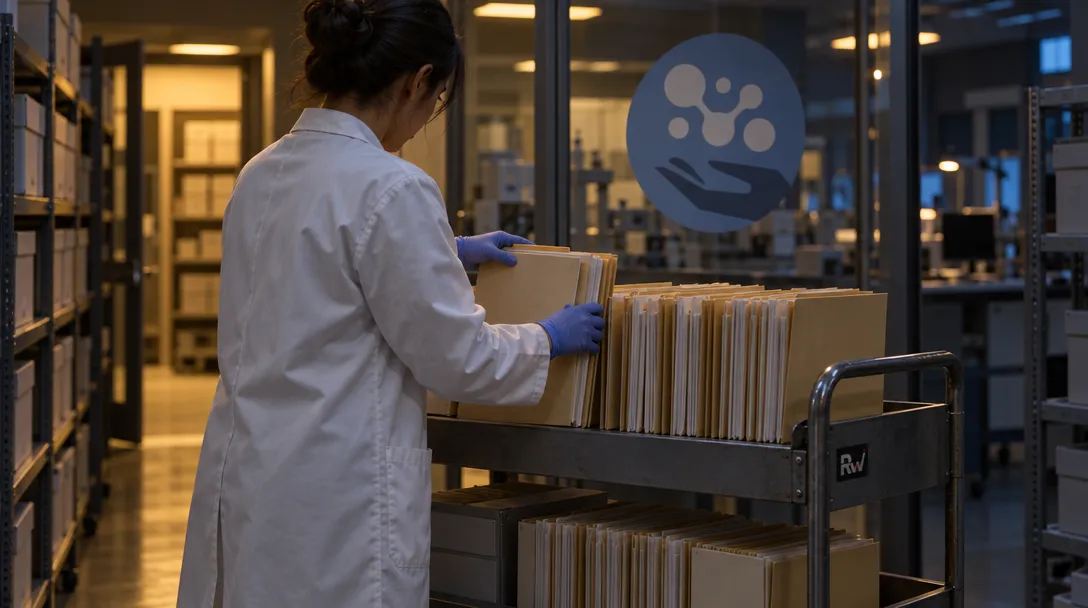 A researcher arranges drug-research folders on an archive cart beside a glass wall bearing the Delineate logo.