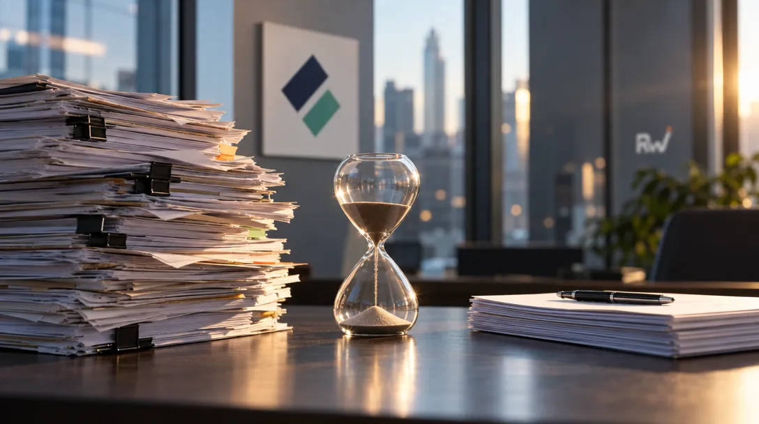Stacks of clipped papers flank an hourglass and a pen on a smaller pile, with a city skyline and “Rw” lettering behind.
