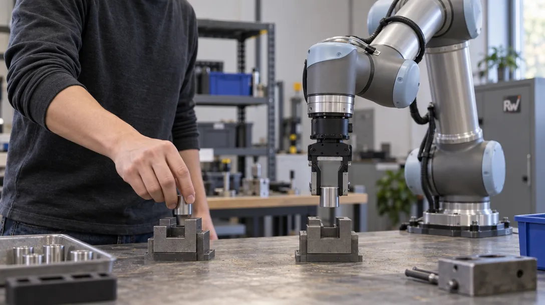 A person demonstrates a small-part task beside an industrial robot arm, illustrating Mbodi’s work on adaptable robot skills.