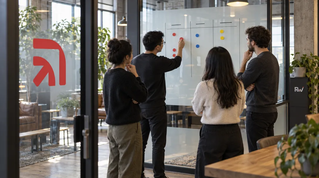 Mesmer engineers coordinate coding work around a glass workflow wall in their studio.