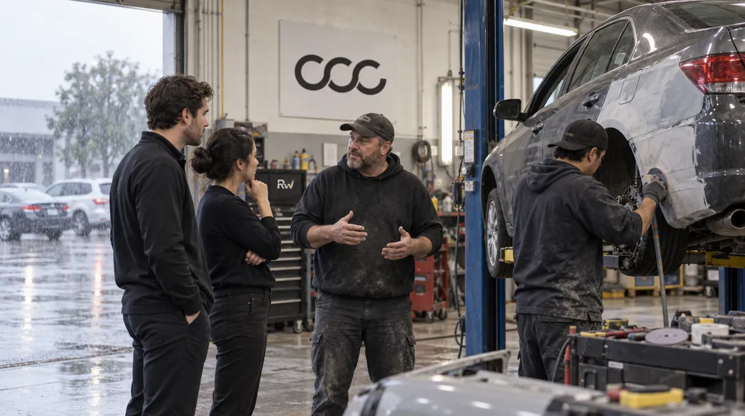 Two Parrot founders talk with collision-shop staff beside a car being repaired in an auto body shop.