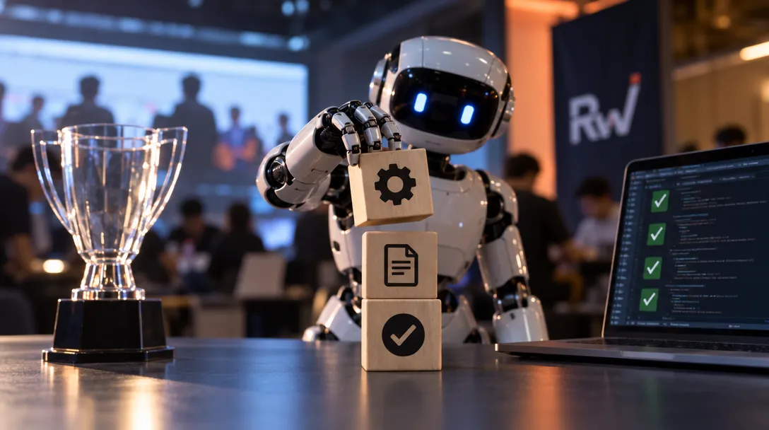 A white robot holds a wooden gear-icon block beside stacked document and checkmark blocks, a trophy, and a laptop showing code and green checks.