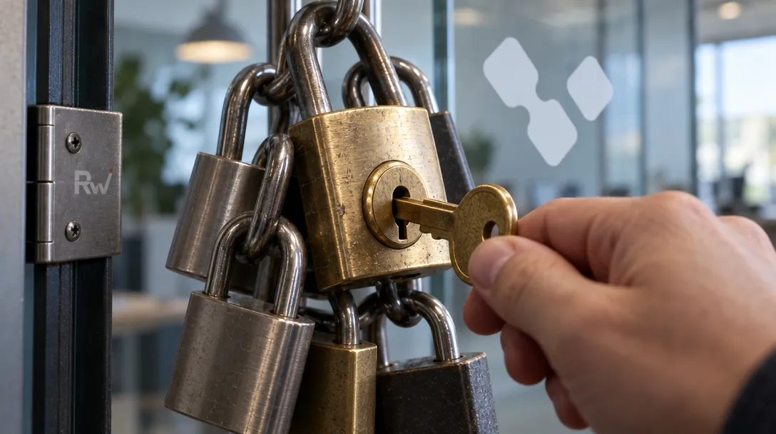 A hand turns a brass key in a cluster of linked locks, with a Vybe logo decal on the glass partition behind it.