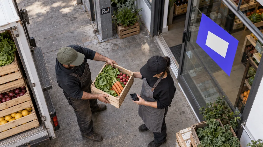 Two workers pass a wooden crate of vegetables beside a shop, while one holds a phone; an “RW” logo is on a post.
