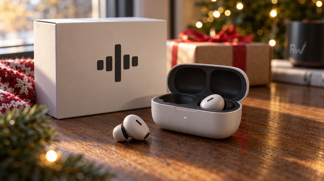 An open white earbud case and two earbuds sit beside a box with a black bar logo, wrapped gifts, a lit tree, and a dark cup marked “rw”.