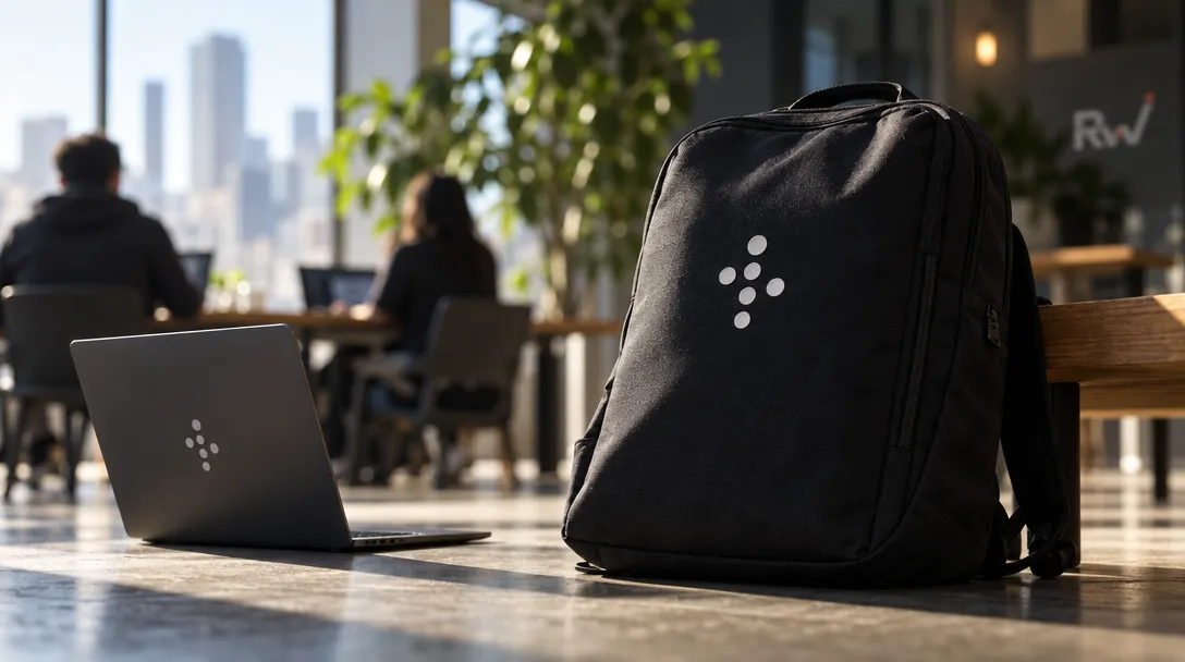 A black backpack and open laptop with matching dot logos sit on a table while two people work in the background.