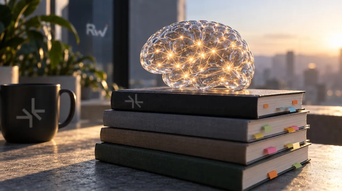 A glowing glass brain rests atop four books beside a black mug bearing a white abstract symbol.