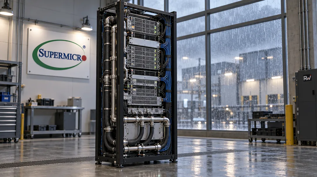 A Supermicro-branded integration hall displays a complete computing rack with power shelves, cooling pipes, and network cables as rain falls outside.