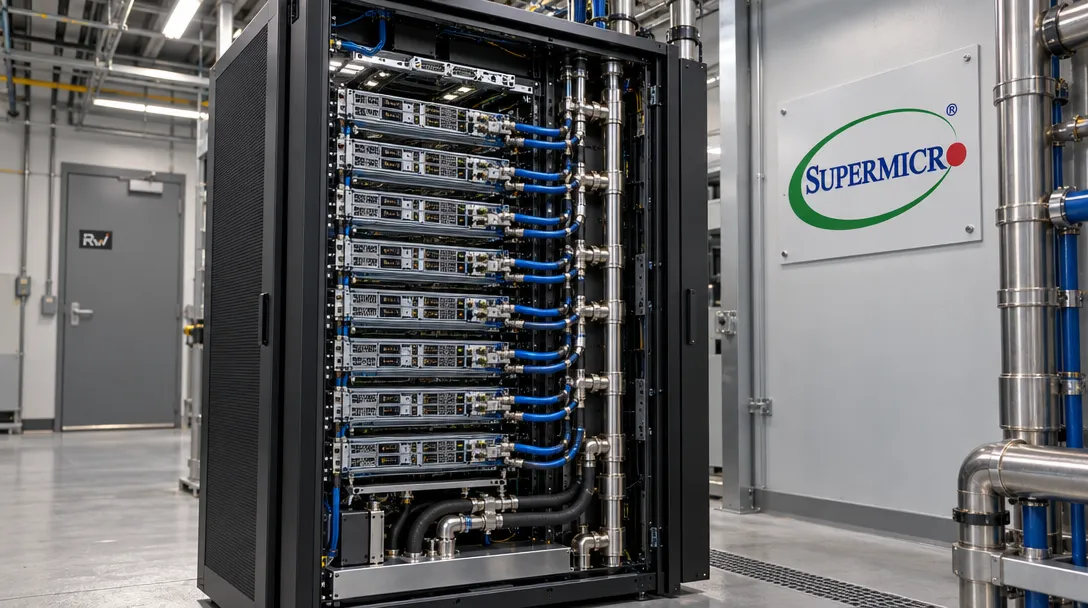 A liquid-cooled Supermicro CPU compute rack stands in a data-center aisle beside facility cooling pipes.