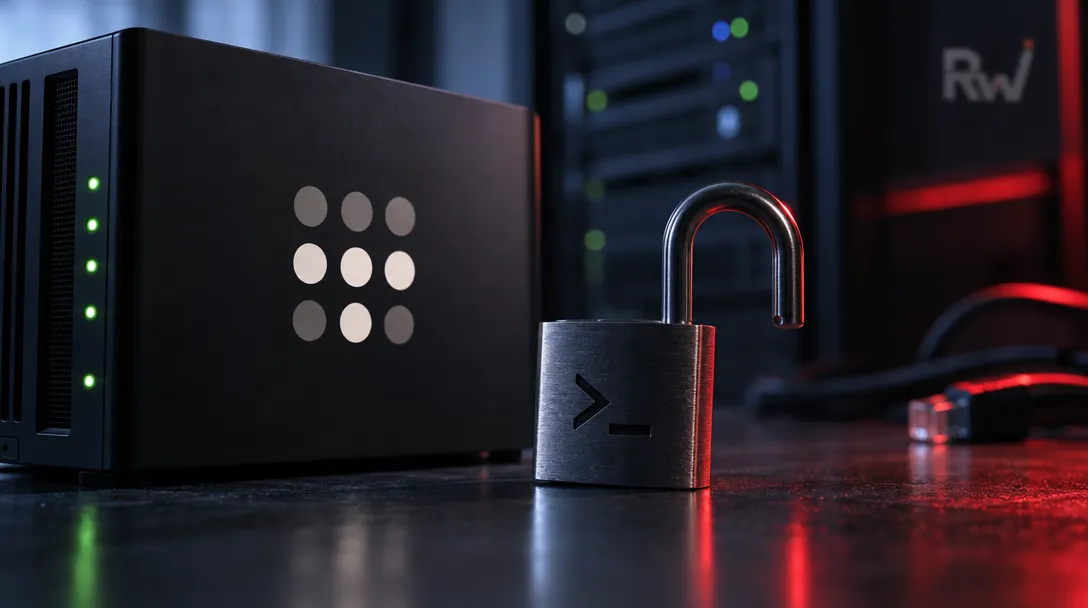 An open metal padlock marked >_ sits beside a black server unit with green indicator lights, with equipment and cables behind it.
