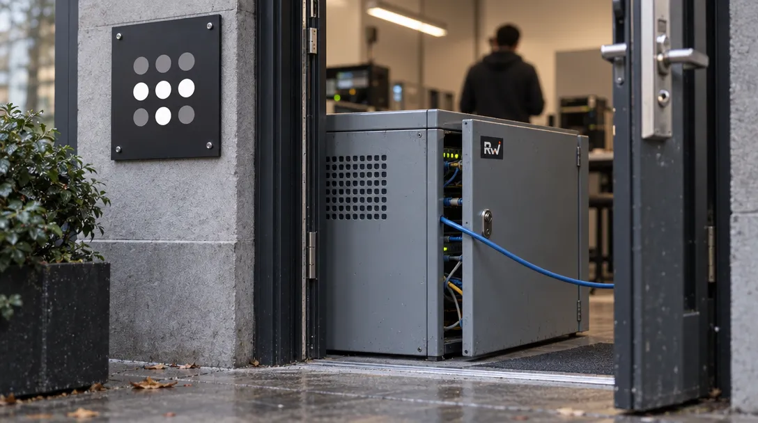 A network cable passes through a partly open locked enclosure outside a lab with a Tailscale sign, evoking the SSH-forwarding report’s root-access concern.