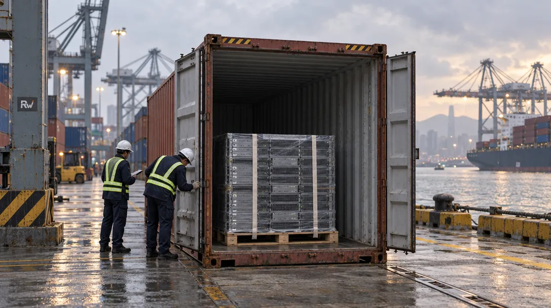 Unmarked server equipment sits inside an open cargo container as workers inspect a shipment at a Taiwan port.