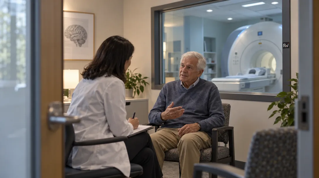 An older adult speaks with a clinician during a cognitive assessment, with an MRI scanner visible through an observation window.