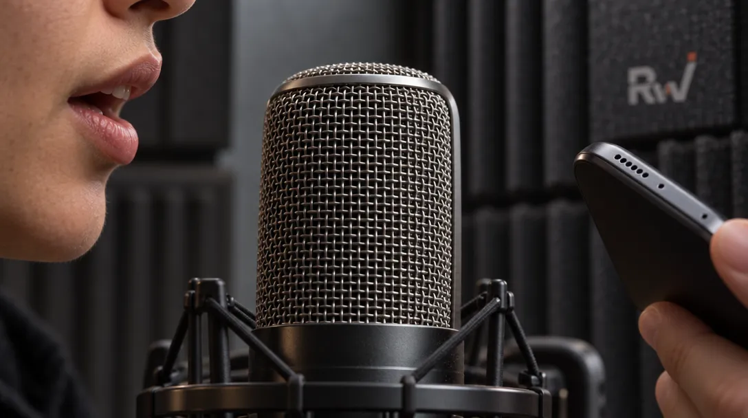 A studio microphone sits between a person speaking and a smartphone speaker, illustrating the challenge of detecting cloned voices.
