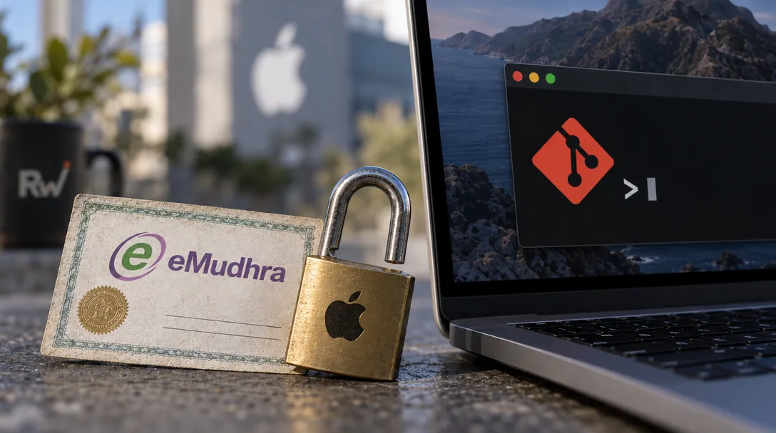 An eMudhra card and an open Apple-logo padlock sit beside a laptop displaying a Git logo and terminal prompt.