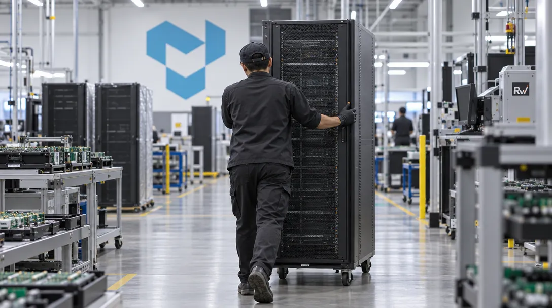 A worker moves a generic server cabinet through an electronics manufacturing floor beneath a Tenstorrent sign.