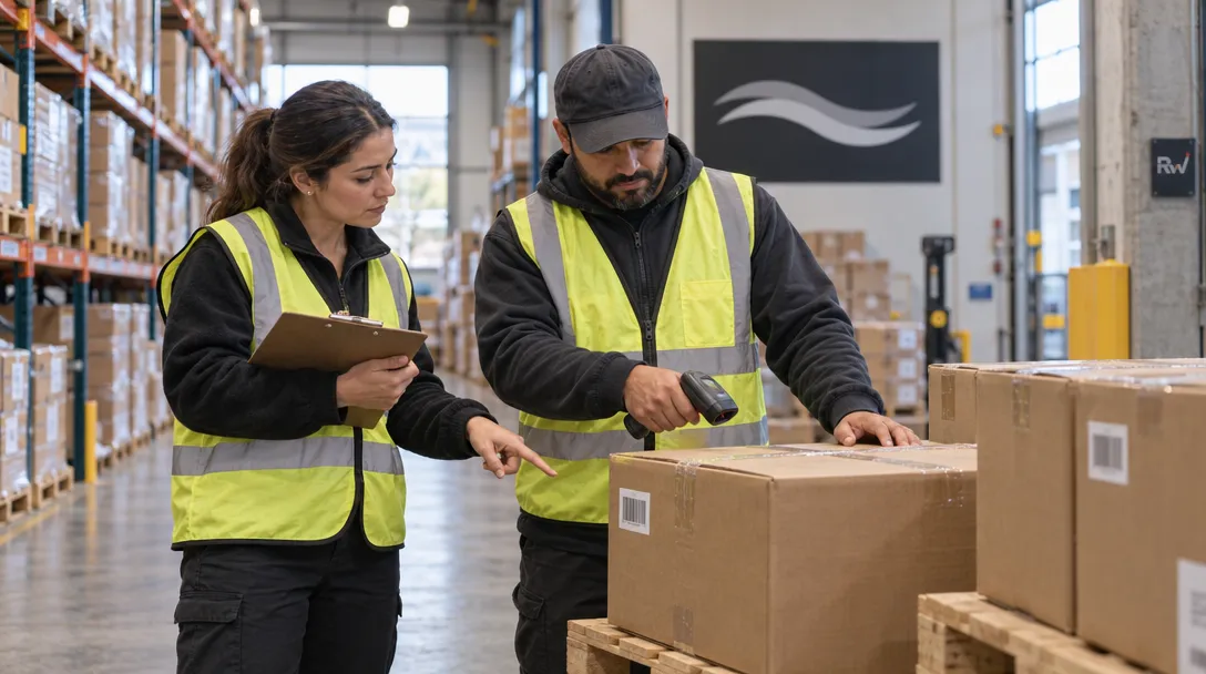 An auditor scans warehouse cartons while a colleague reviews the count on a clipboard beneath a Tergle sign.
