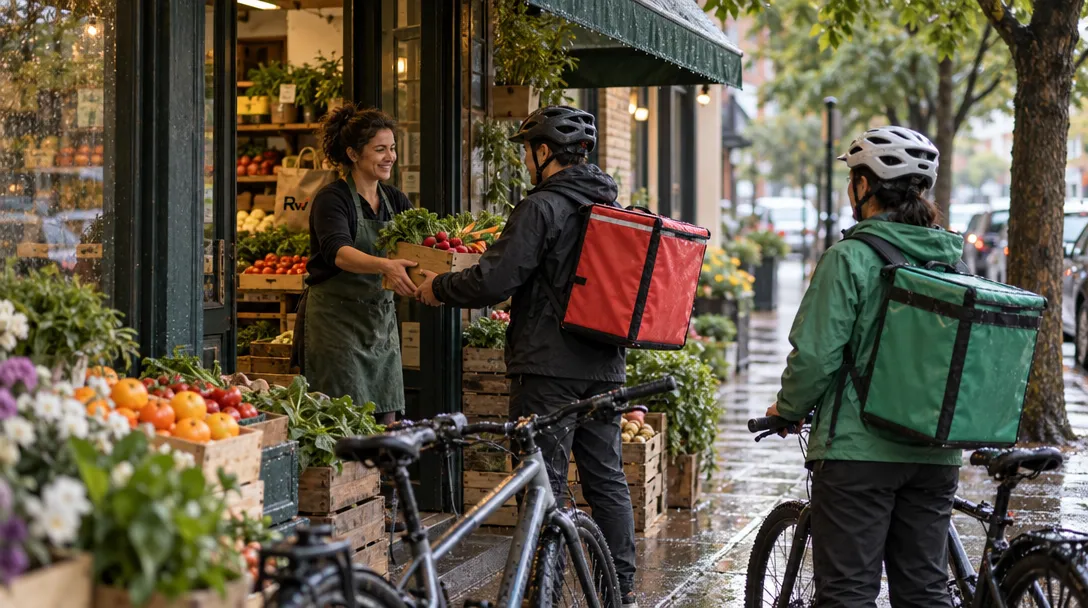 A shopkeeper hands a crate of produce to a helmeted cyclist outside a fruit shop as another cyclist waits with a bicycle.