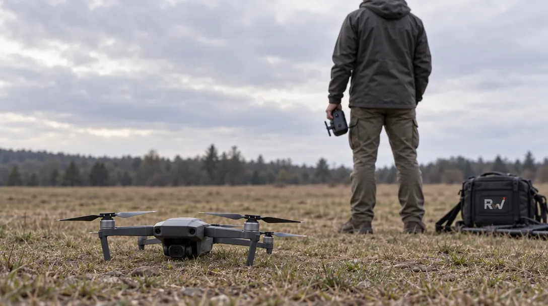 A drone operator holds a lowered controller beside a grounded quadcopter in an open field.