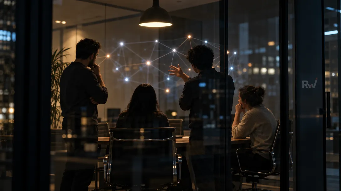 Four people gather around a conference table as one gestures toward a connected-node diagram on glass; “RW” lettering appears on the door.