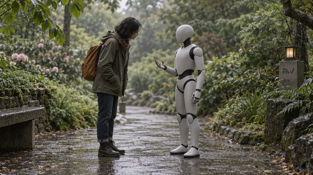 A person faces a generic, unbranded humanoid companion robot on a rain-darkened garden path.