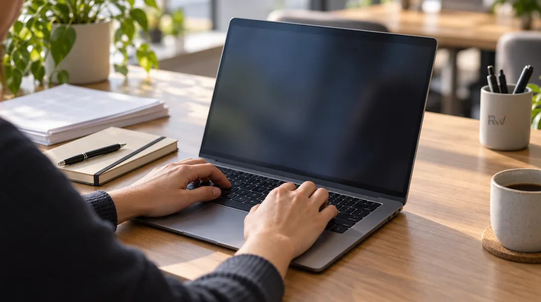 A worker uses one laptop at a desk with a notebook, pen, and stack of papers nearby.
