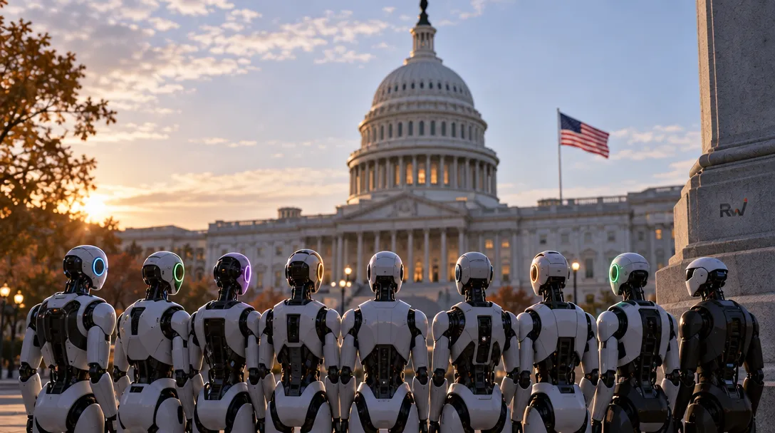 A row of humanoid robots faces the U.S. Capitol and an American flag at sunset.