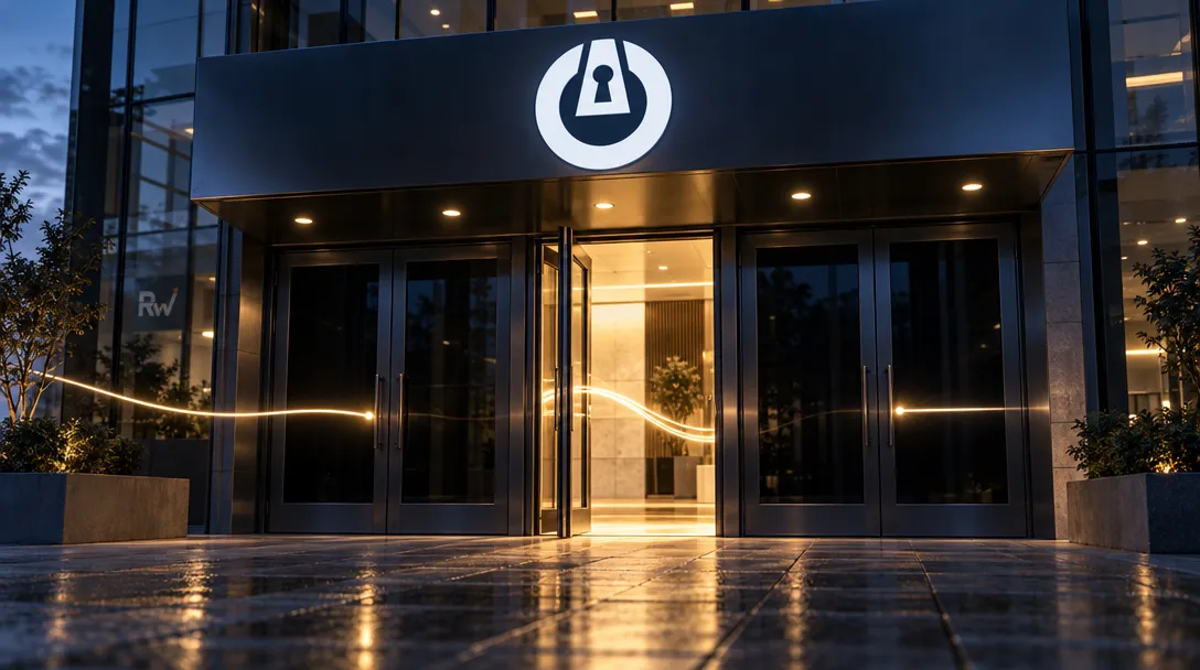 ThreatLocker signage overlooks a secure building entrance where one illuminated doorway is open and the surrounding doors remain closed.