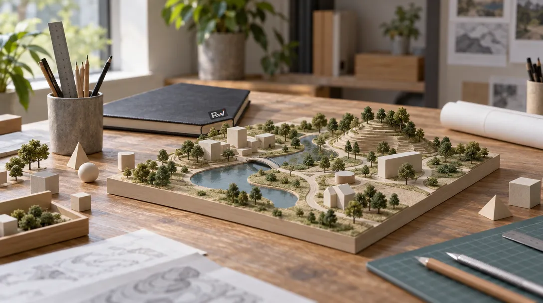 A miniature environment model sits on a workbench in a generic world-model research workspace.
