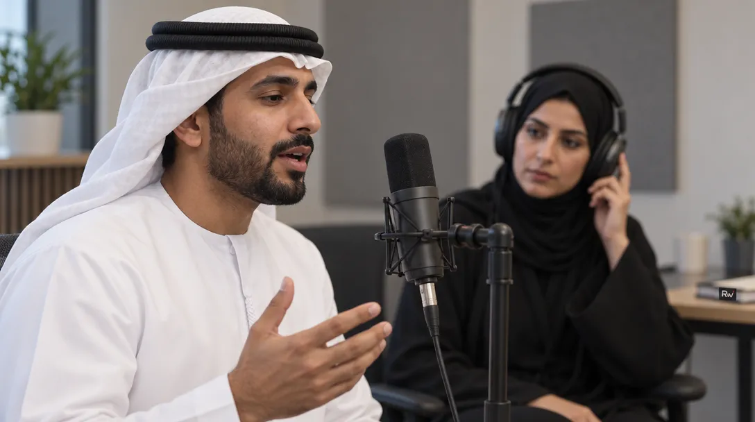 An Emirati Arabic speaker talks into a microphone while a researcher listens through headphones in a speech-testing room.