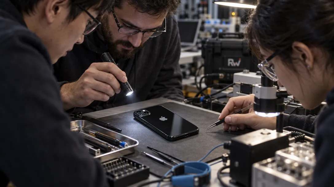 Security researchers crowd around an iPhone on a testing bench, with the Apple logo visible on its back.