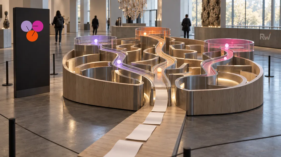 A branching kinetic maze installation sits beneath a Together-branded sign in a public exhibition hall.