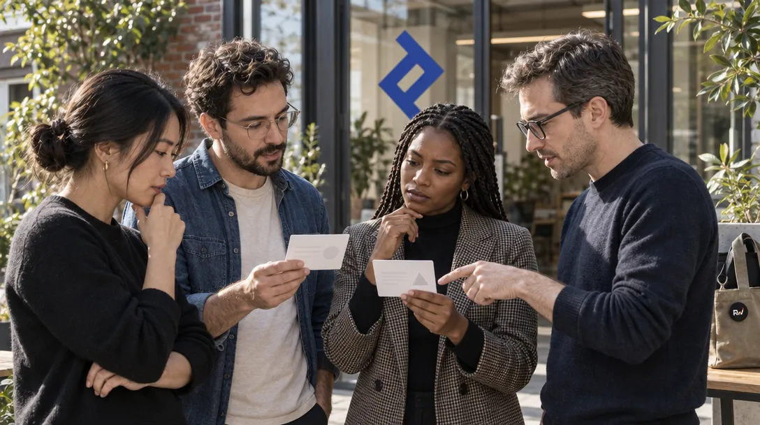 Toptal's expert reviewers compare anonymized model-response cards in a street-level workshop.