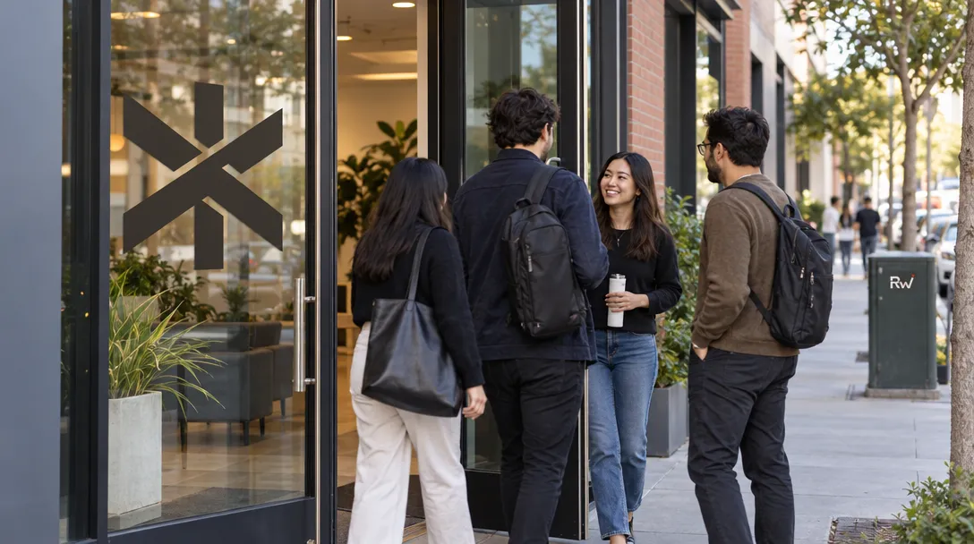 Employees greet one another outside a glass-fronted office with the Town logo on its entrance.