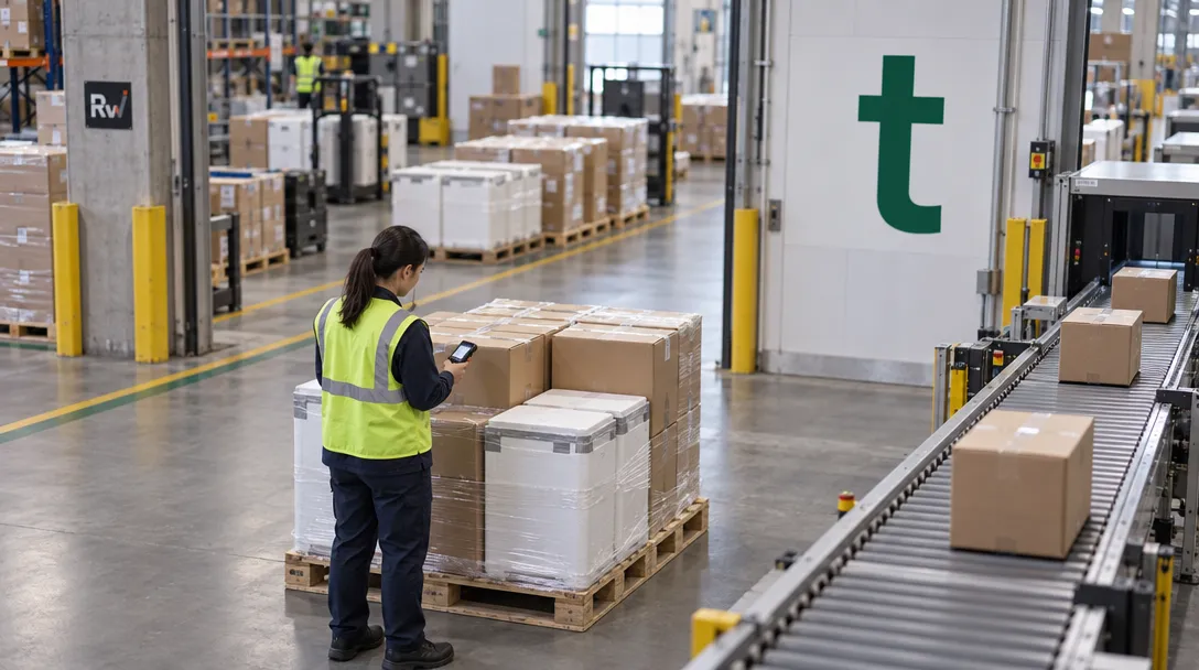 A warehouse supervisor checks a handheld scanner beside staged supply cartons and a conveyor, beneath a TraceLink wall sign.