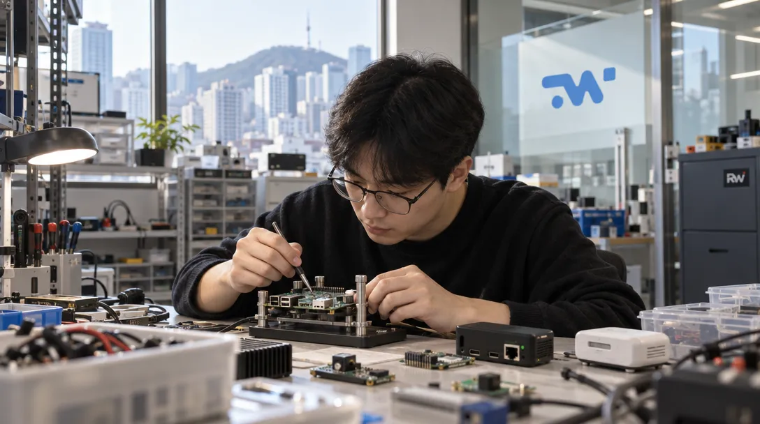 A developer tests a compact computing board in a Seoul electronics lab beneath a TraceWeave sign.