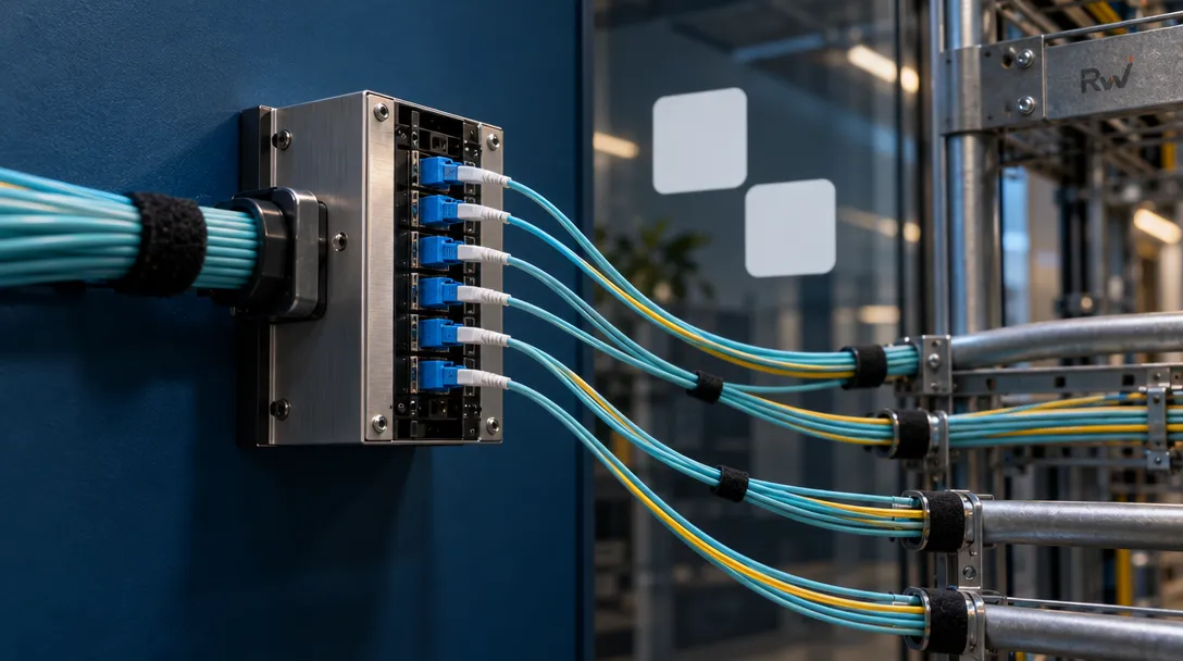 A fiber cross-connect panel routes one incoming cable into several outgoing lines beneath a Treg logo.