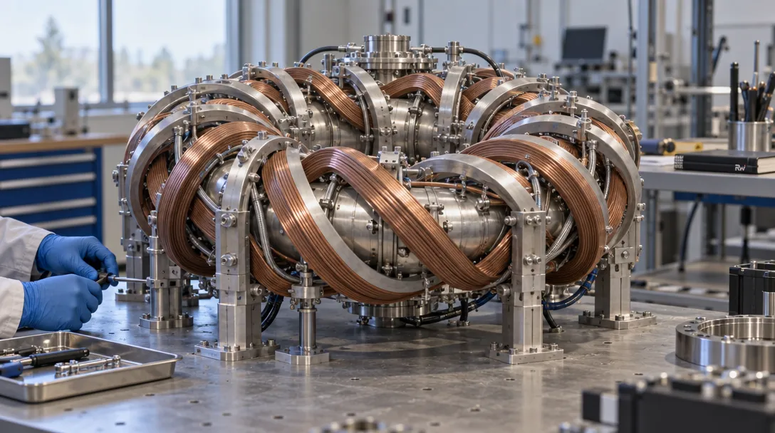A generic stellarator coil assembly sits on a lab workbench, illustrating Type One Energy’s planned fusion engineering work.