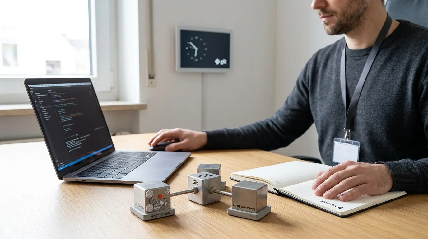 A man uses a laptop displaying code beside an open notebook and metal blocks labeled “Git,” “PRIVATE CONFIG,” and “AGENT_WORKSPACE.