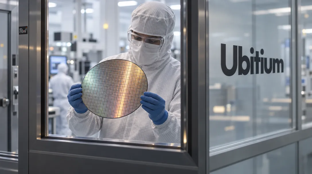 A cleanroom engineer holds a silicon wafer with rows of chip dies beneath a Ubitium sign.