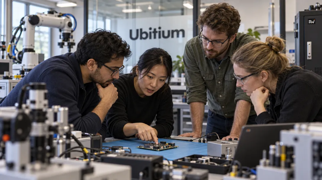 Engineers from several industries examine generic processor hardware in a busy lab beneath a Ubitium sign.