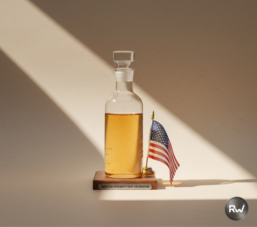 An elegant, transparent laboratory flask or bottle containing a vibrant, warm-toned liquid that appears to subtly glow from within (Studio still life photograph)