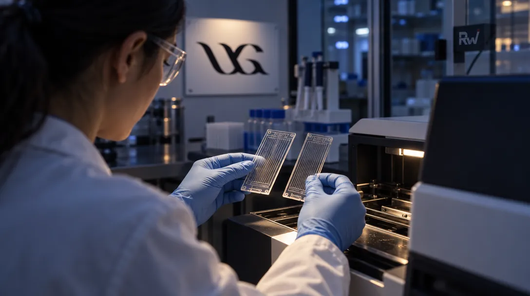A researcher prepares two sequencing flow cells in a lab beneath an Ultima Genomics sign.