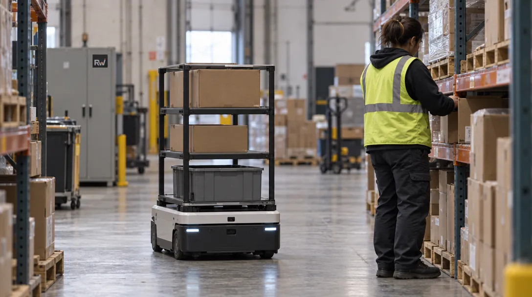 A generic mobile robot works in a warehouse aisle near a worker, illustrating Ultra’s focus on putting robots into practical use.