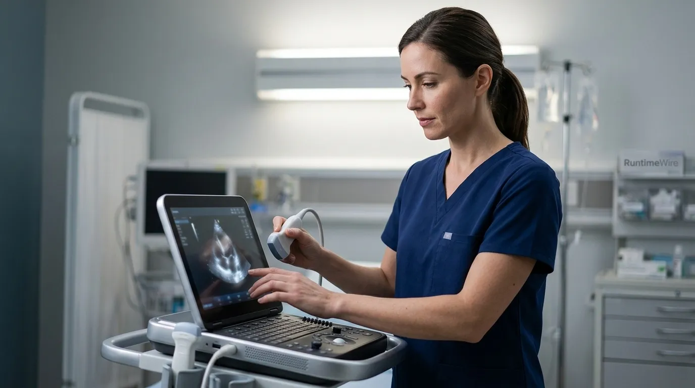 A female clinician in scrubs operating a portable cardiac ultrasound device in a hospital setting.
