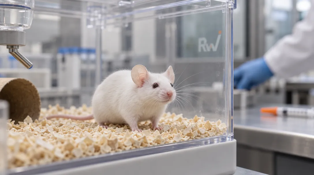 A laboratory mouse rests in a clear research habitat, with a gloved hand and capped syringe in the background.