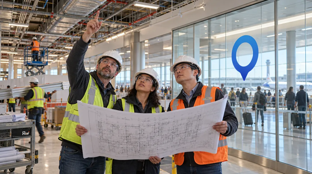 Architects and inspectors compare building plans inside a busy airport renovation, with the UpCodes logo on a glass partition.