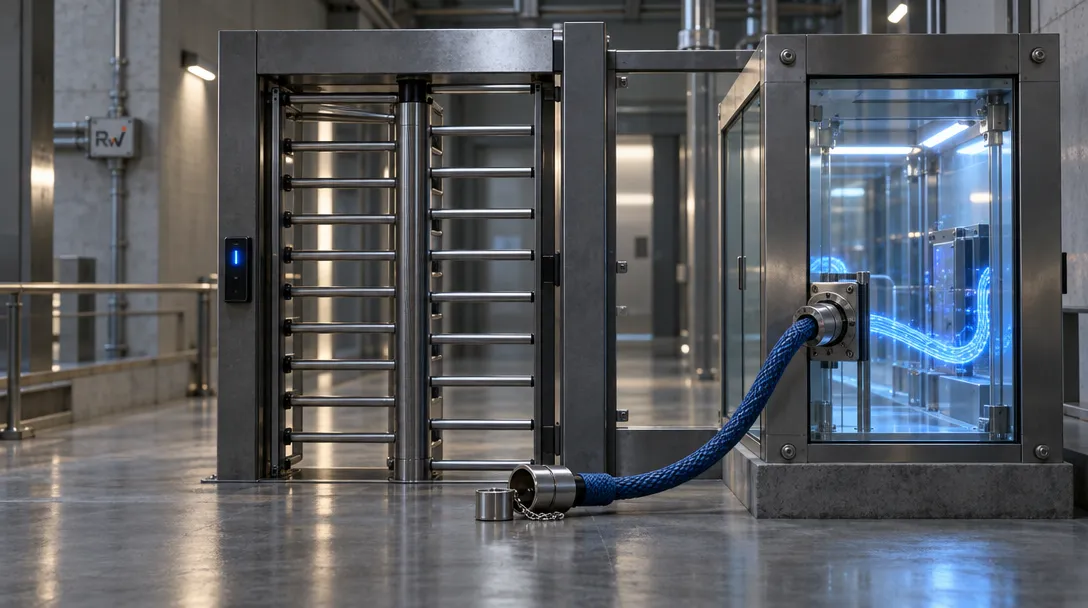 A metal turnstile stands beside a glass machine enclosure connected by a blue braided hose, with a blue-lit reader and an “Rw” sign.