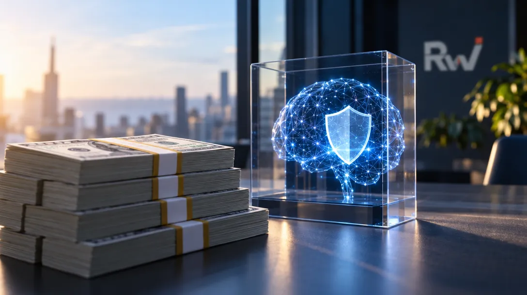 Bundles of cash sit beside a glowing networked brain with a shield inside a glass cube.