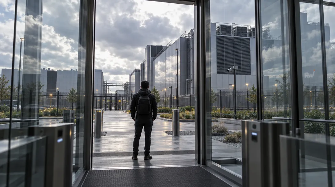 A person wearing a backpack walks through glass doors toward large industrial buildings; “RW” appears on a window.